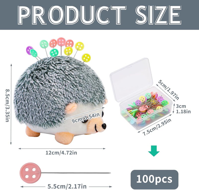 FTEVEN 100 Pieces Flat Head Straight Pins Hedgehog Pincushion Kit, Big Pincushion with Clear Storage Box and Quilting Pins, Colorful Head Straight Sewing Pins for Handicrafts DIY Sewing - Image 4